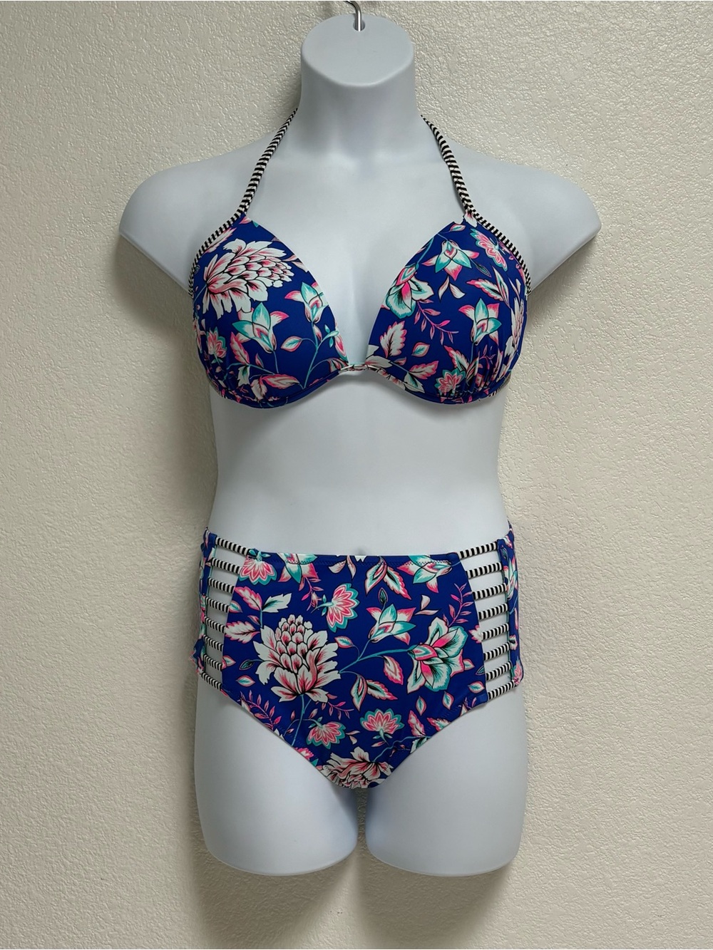 Shade & Shore Navy Floral Halter Bikini with Pink Accents